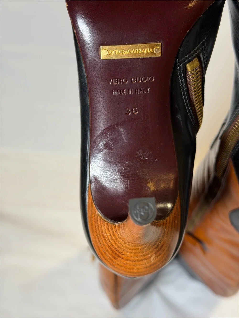 Vintage Dolce & Gabbana Black & Tan Leather Pointed Toe Knee High Boots IT 36 6